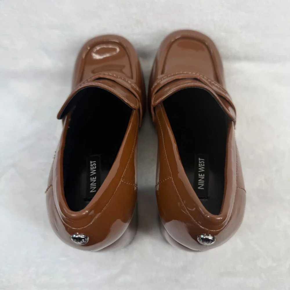 Nine West Brown Patent‎ Leather Chunky Platform Penny Loafer Heels Square Toe 6